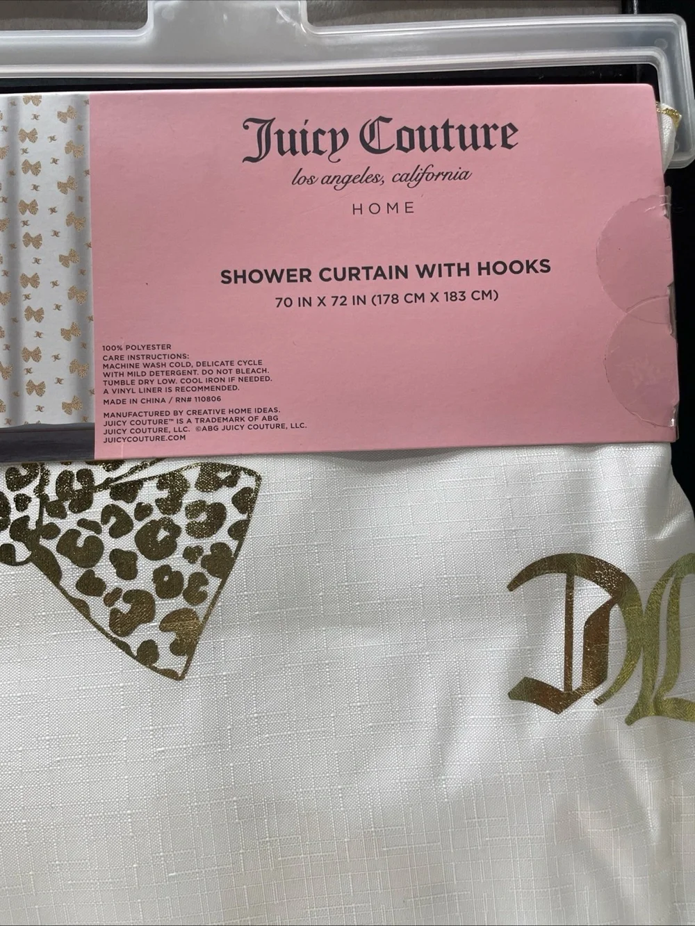 Juicy Couture White Shower Curtain with Gold Accents and Leopard Bow